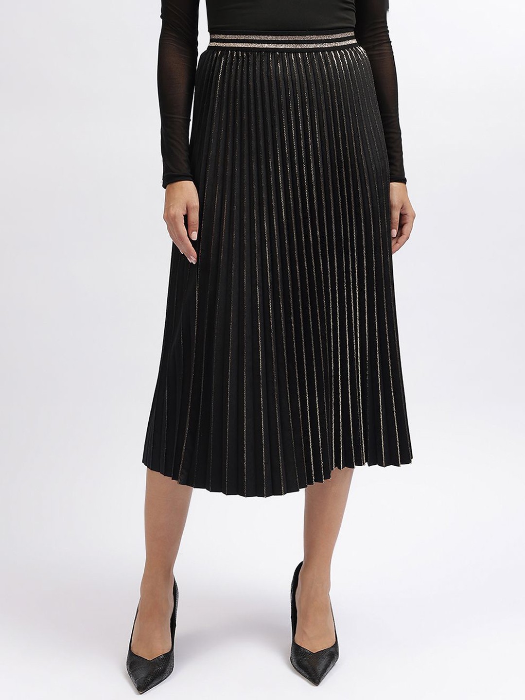 

CENTRESTAGE Accordion Pleated A-Line Straight Flare Fit Midi Skirt, Black