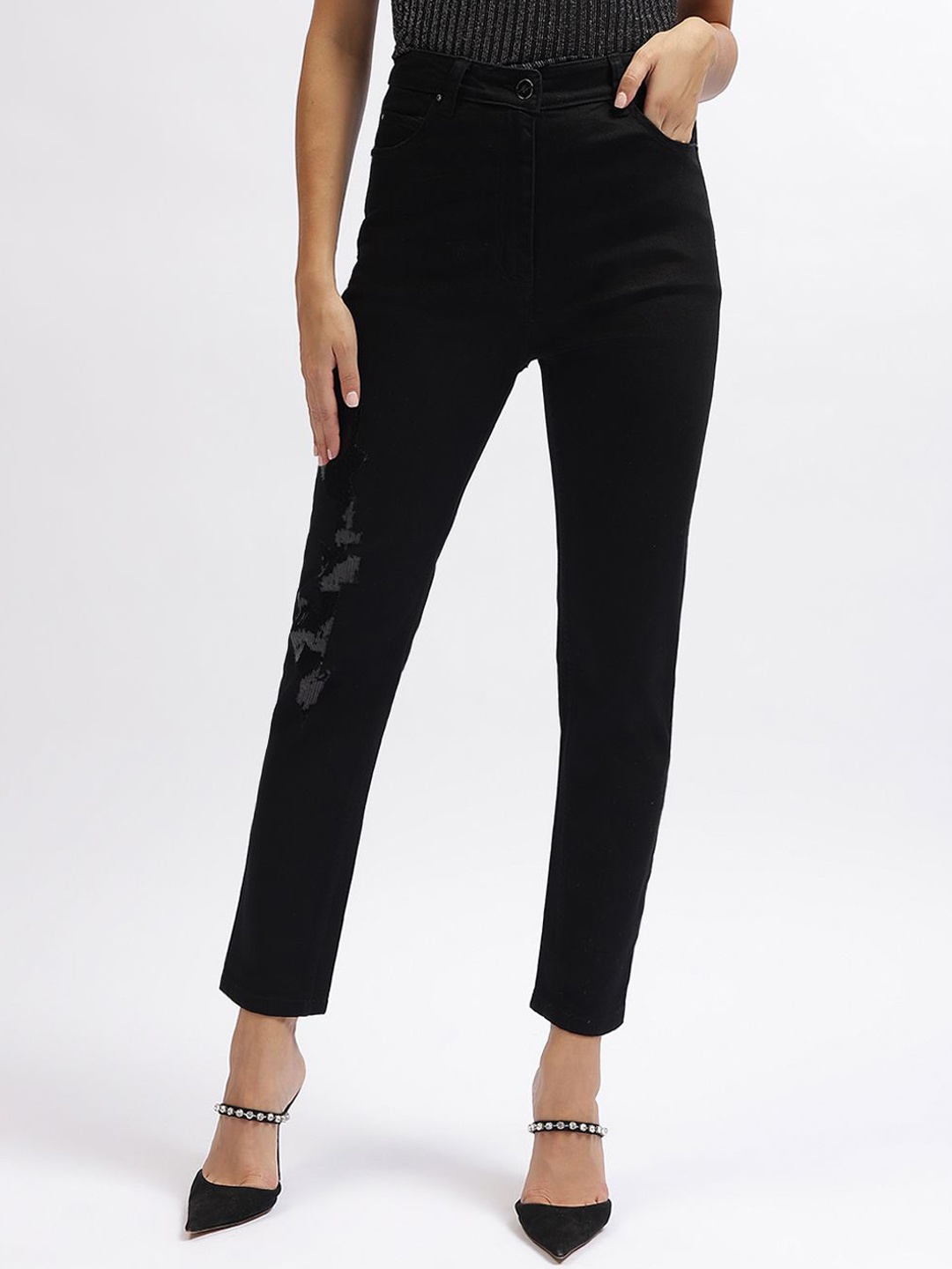 

CENTRESTAGE Women Straight Fit Highly Distressed Stretchable Jeans, Black