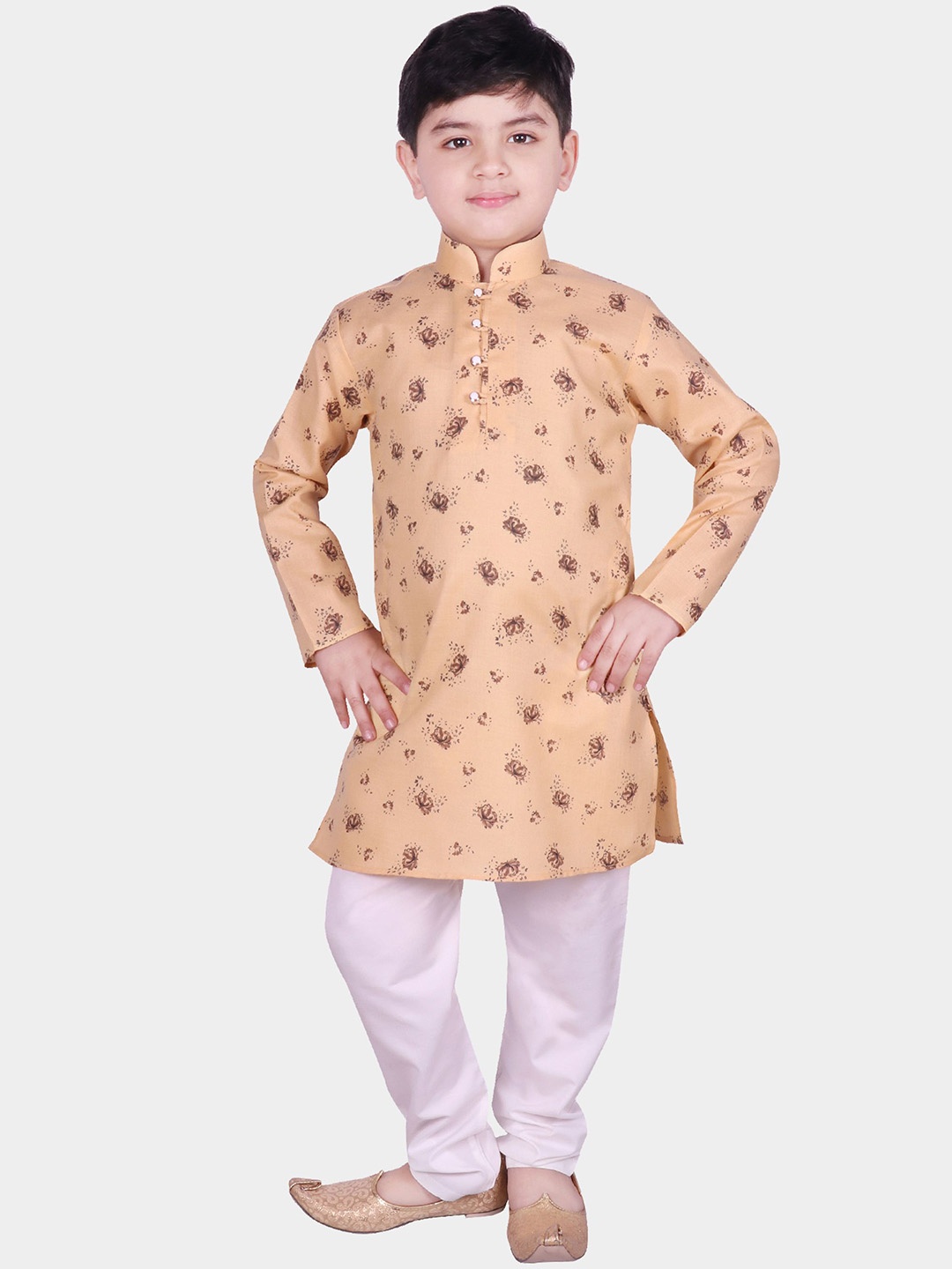 

SG YUVRAJ Boys Floral Printed Regular Pure Cotton Kurta with Pyjama, Beige