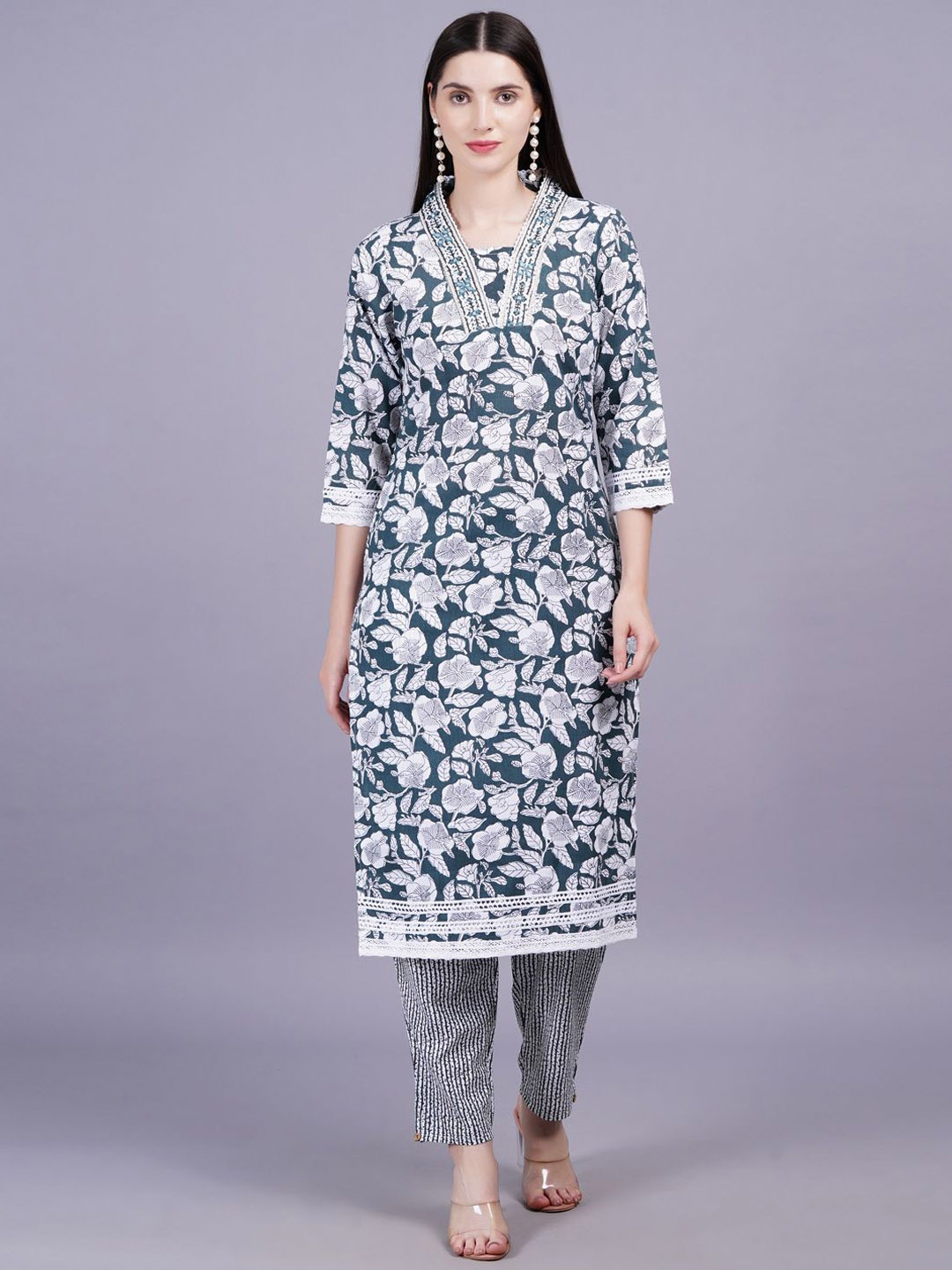 

KALINI Women Floral Printed Regular Mirror Work Pure Cotton Kurta with Trousers & Dupatta, Green