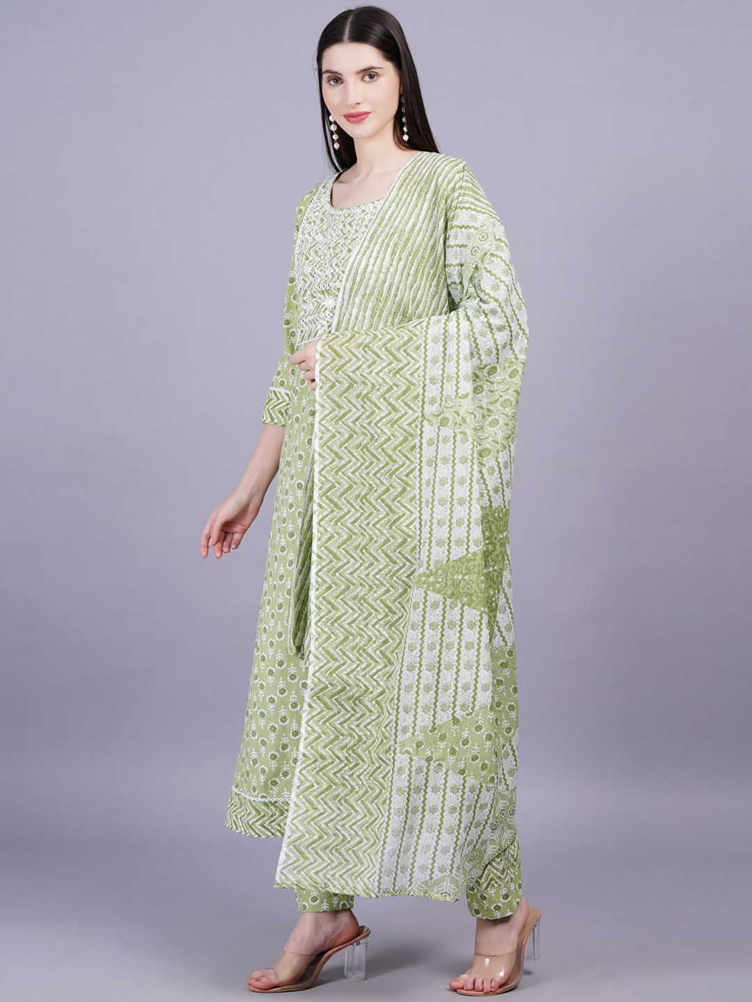 

KALINI Women Floral Mirror Work Kurta with Trousers & With Dupatta, Green