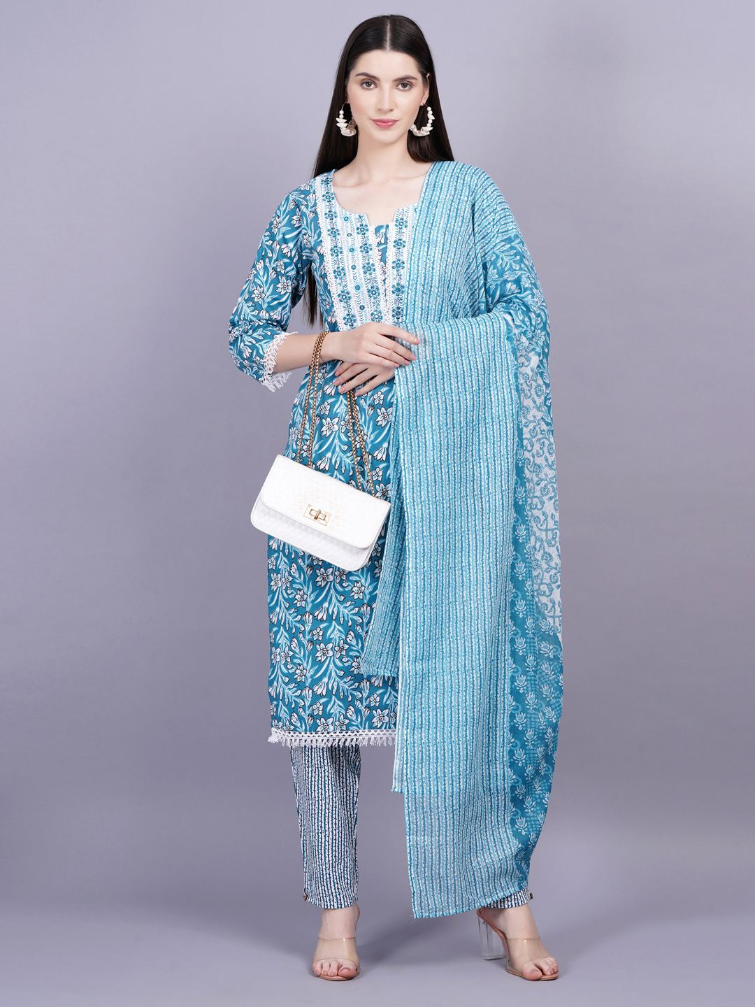 

KALINI Women Floral Printed Regular Mirror Work Pure Cotton Kurta Trousers With Dupatta, Blue