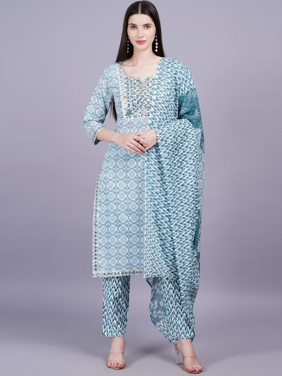 

KALINI Women Ethnic Motifs Printed Regular Sequinned Pure Cotton Kurta Set & With Dupatta, Blue