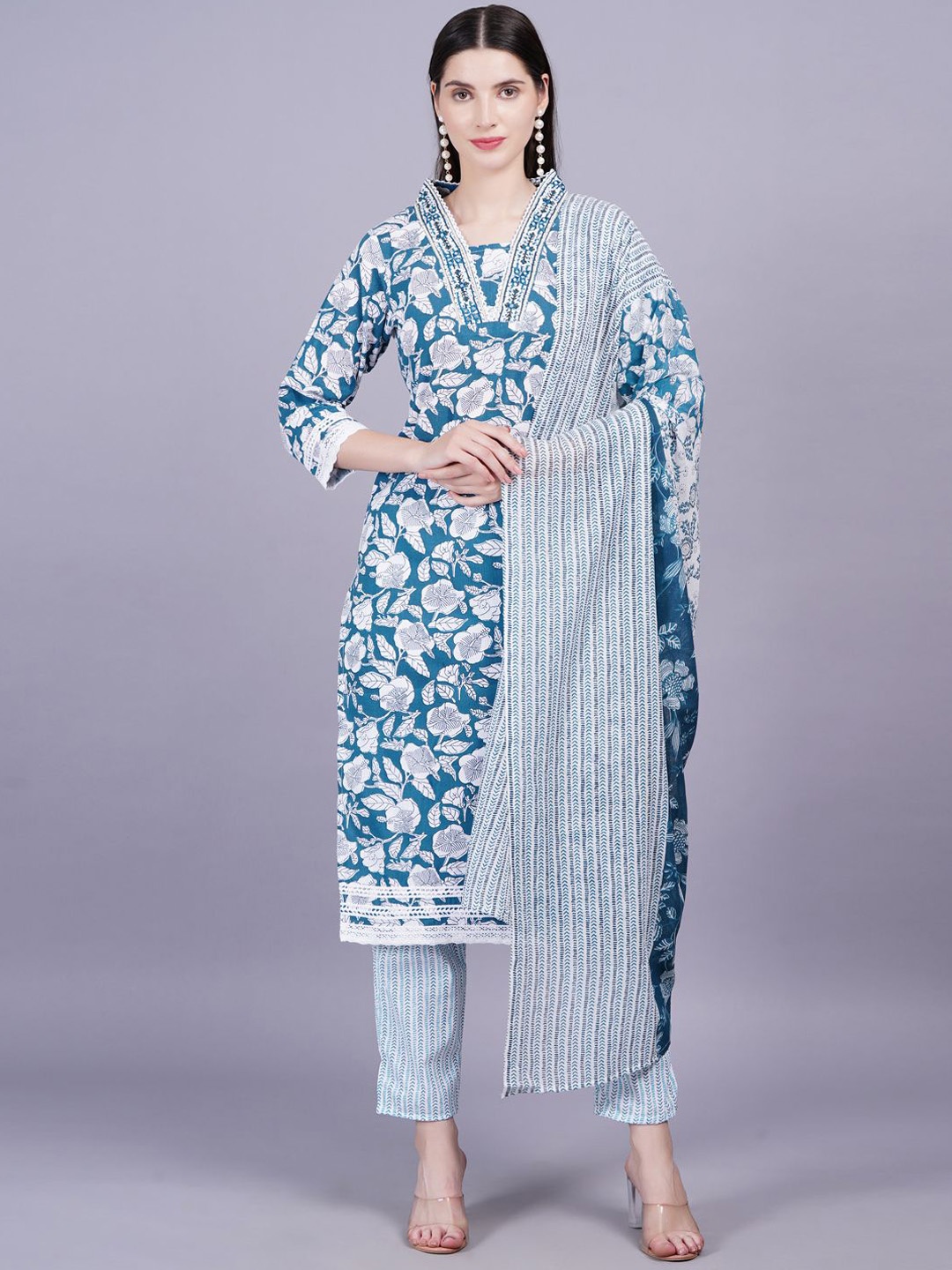 

KALINI Women Floral Printed Regular Pure Cotton Kurta with Trousers & With Dupatta, Green