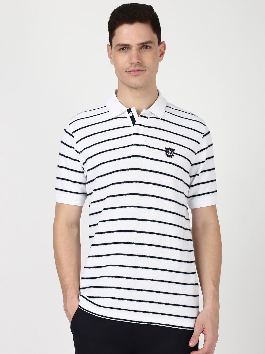 

Peter England Casuals Men Striped Polo Collar Applique T-shirt, White