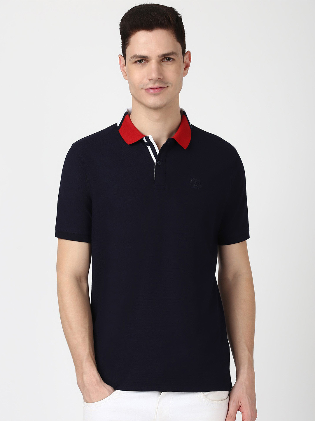 

Peter England Casuals Men Solid Polo Collar Embroidered T-shirt, Navy blue