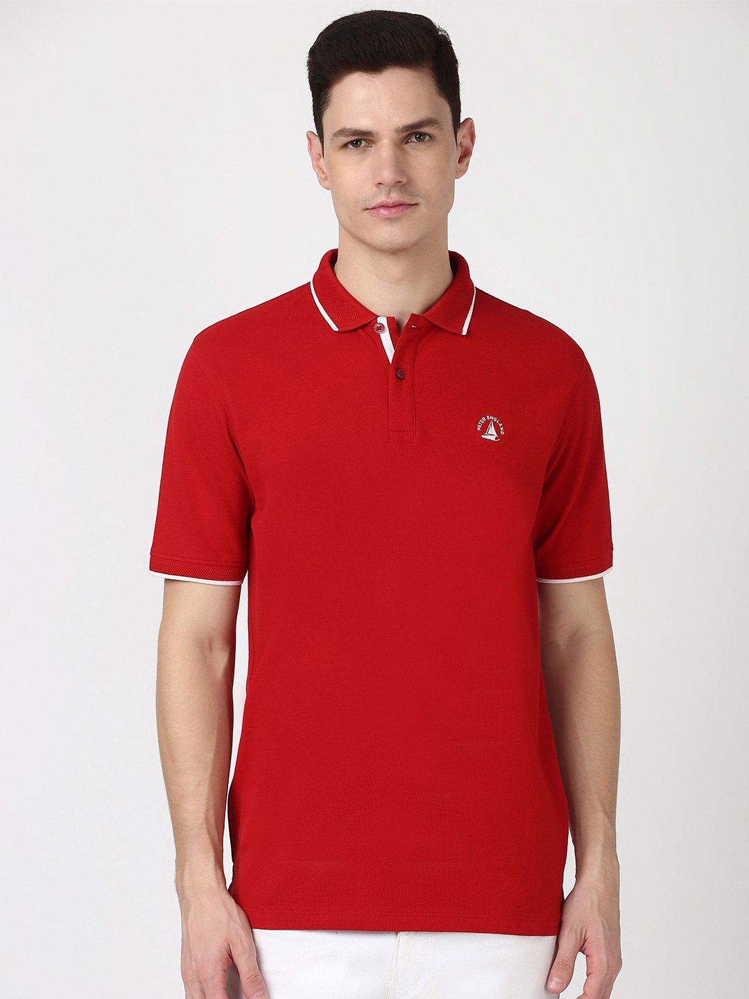 

Peter England Casuals Men Solid Polo Collar Embroidered T-shirt, Red