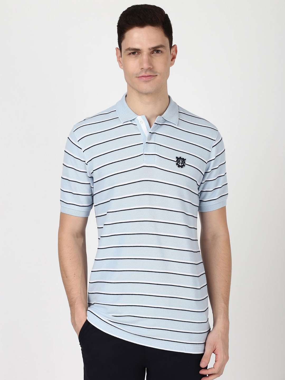 Peter England Casuals Men Striped Polo Collar Applique T-shirt, Blue