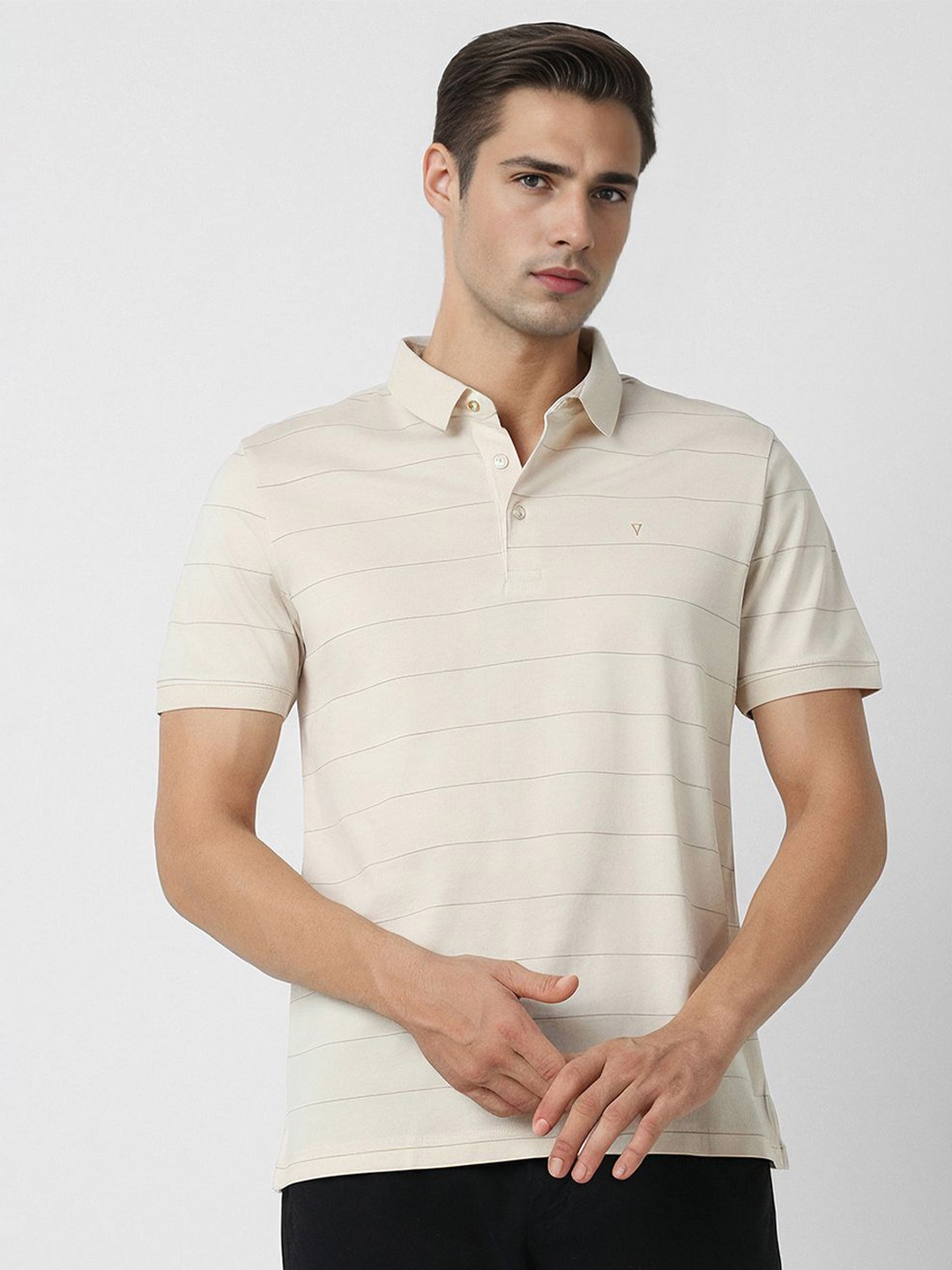 Van Heusen Men Striped Polo Collar Embroidered T-shirt, Beige
