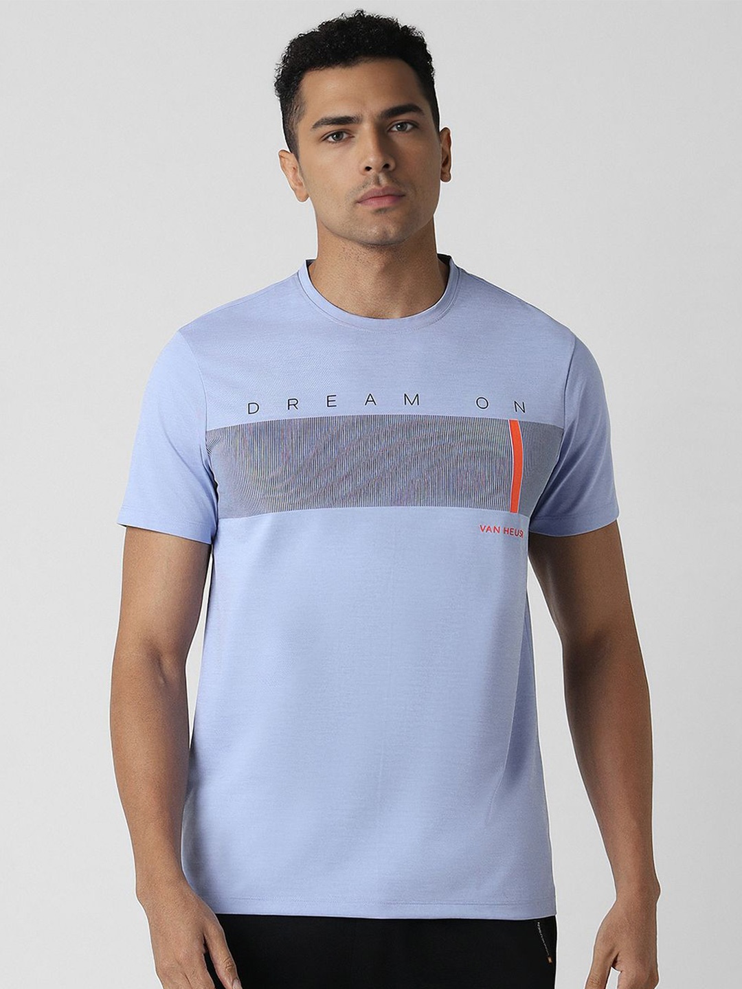 

Van Heusen Flex Men Typography Printed Round Neck Slim Fit T-shirt, Blue