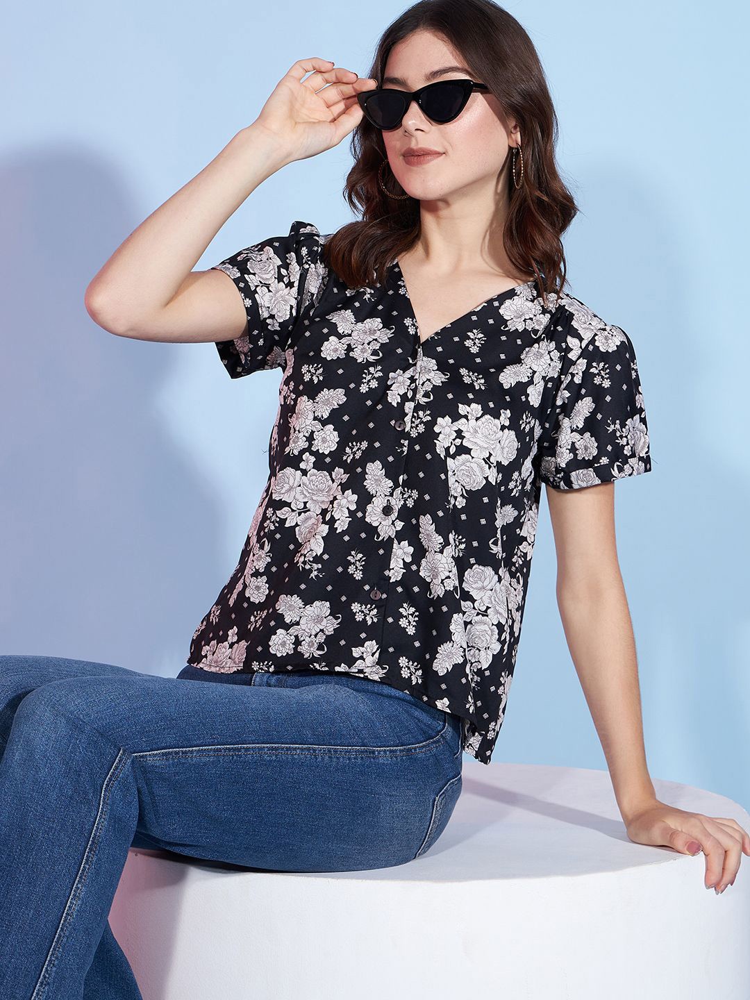 

DressBerry Floral Printed V-Neck Shirt Style Top, Black