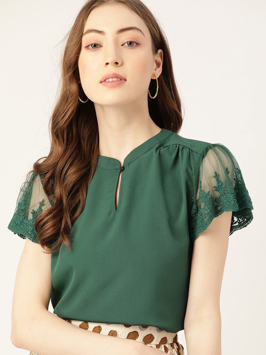DressBerry Curve Solid Keyhole Neck Top, Green