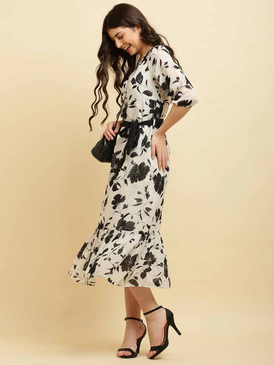 

SQew Floral Print Georgette Midi Dress, Off white