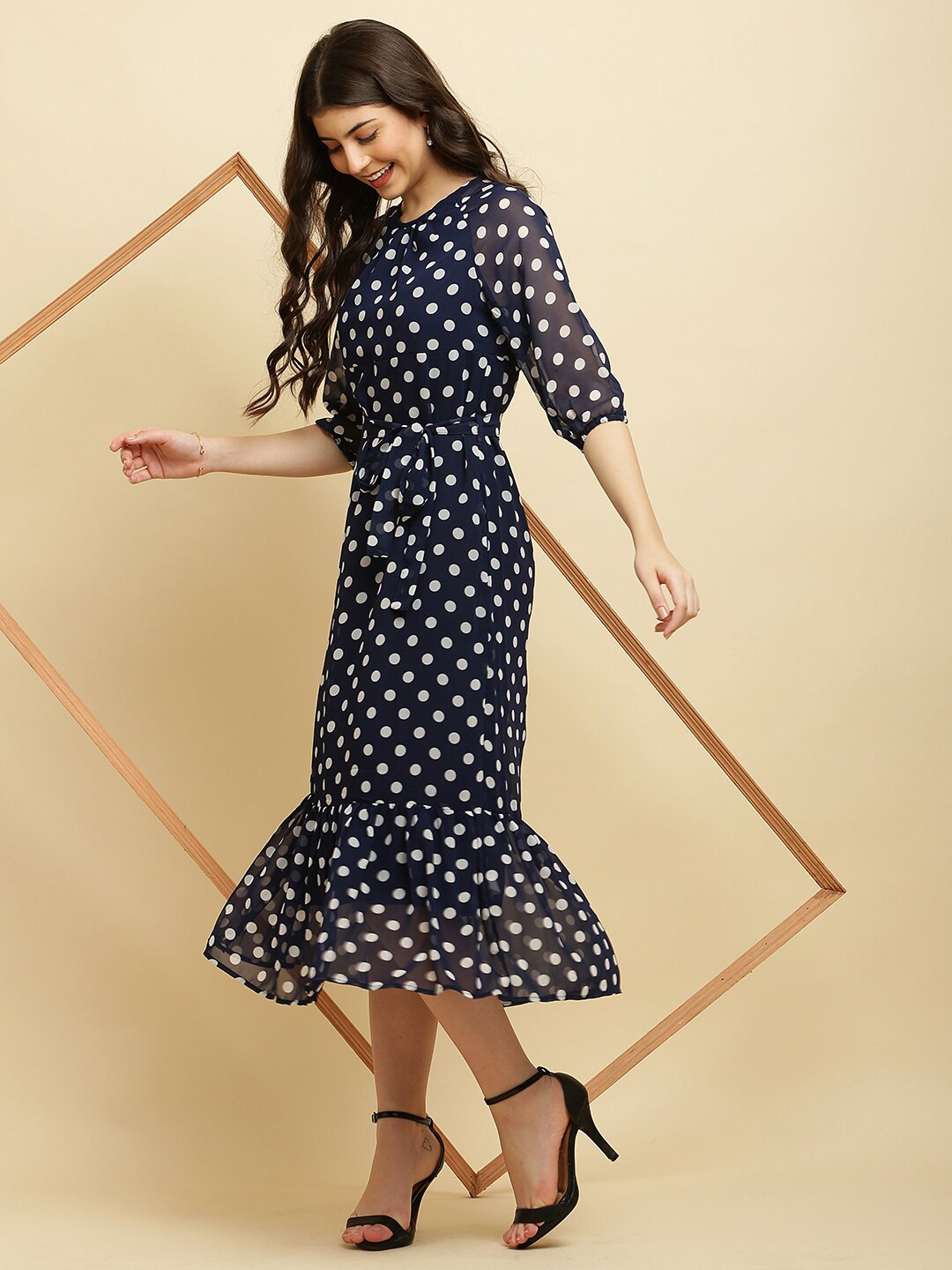 

SQew Polka Dot Print Georgette Sheath Midi Dress, Navy blue