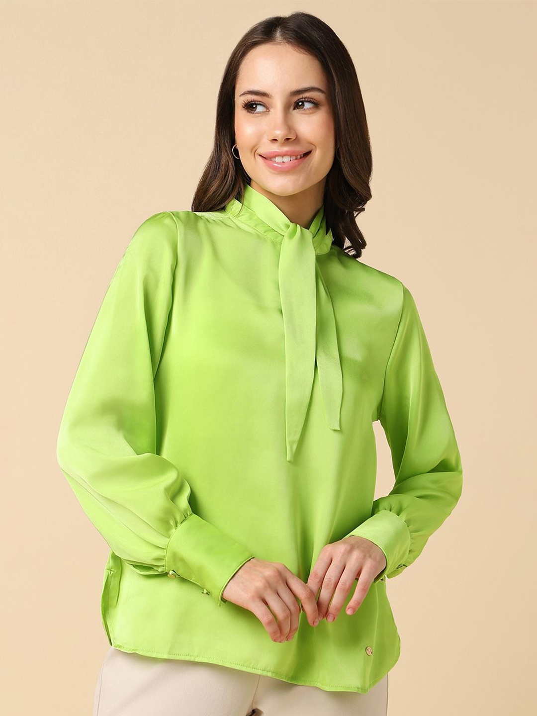 Allen Solly Woman Solid Tie-Up Neck Top, Green
