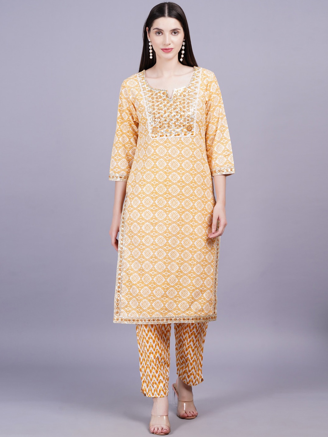 

HIGHLIGHT FASHION EXPORT Women Printed Pure Cotton Kurta with Trousers & With Dupatta, Yellow