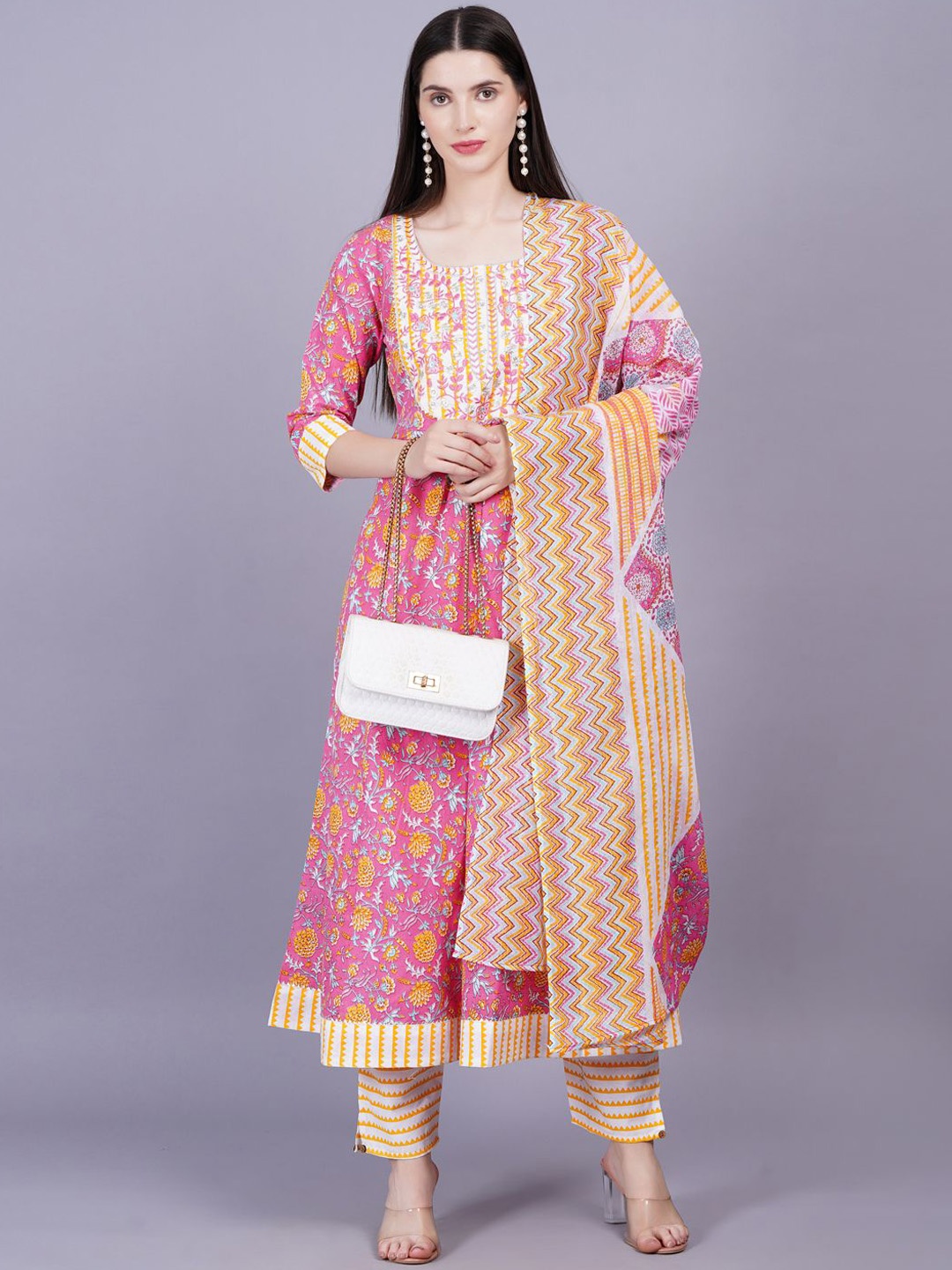 

HIGHLIGHT FASHION EXPORT Women Floral Mirror Work Cotton Kurta Trousers With Dupatta, Pink
