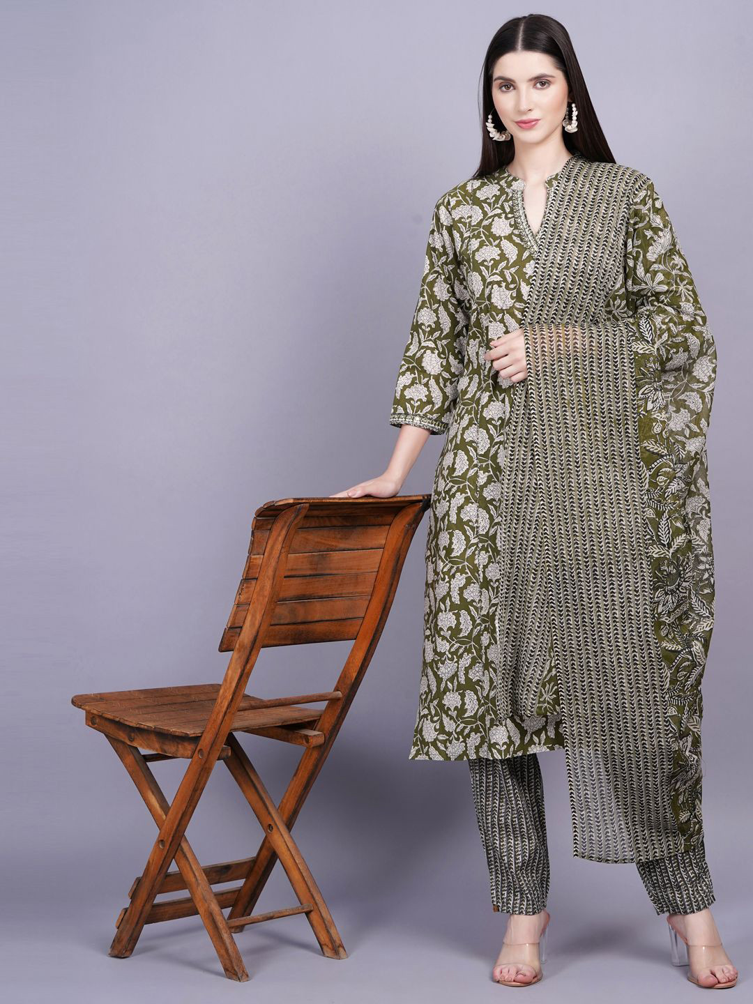 

HIGHLIGHT FASHION EXPORT Women Floral Mirror Work Cotton Kurta Trousers With Dupatta, Olive