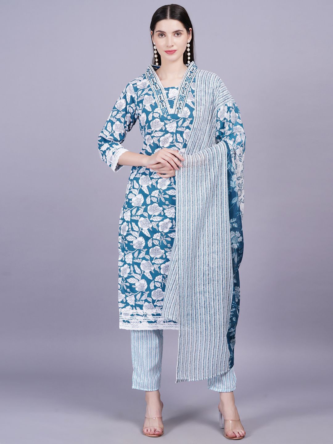 

HIGHLIGHT FASHION EXPORT Women Floral Mirror Work Cotton Kurta Trousers With Dupatta, Blue