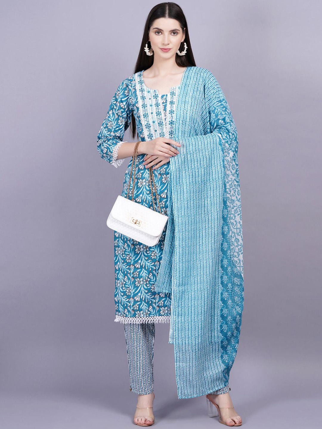 

HIGHLIGHT FASHION EXPORT Women Floral Printed Mirror Work Pure Cotton Kurta with Trousers, Blue