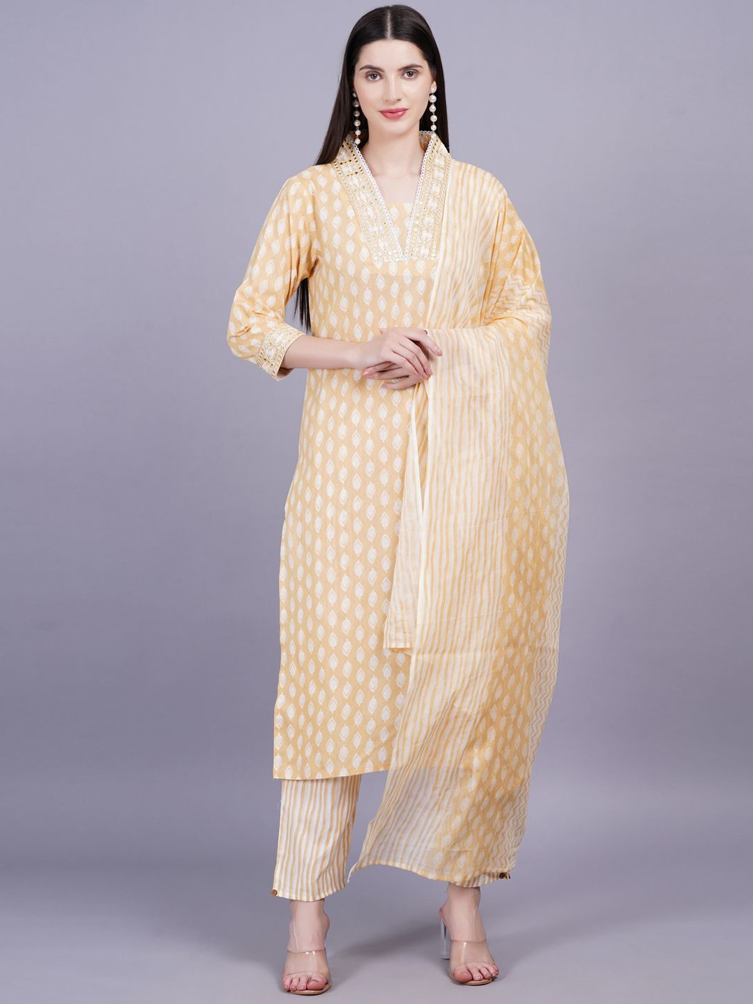 

HIGHLIGHT FASHION EXPORT Women Floral Printed Mirror Work Pure Cotton Kurta with Trousers, Yellow