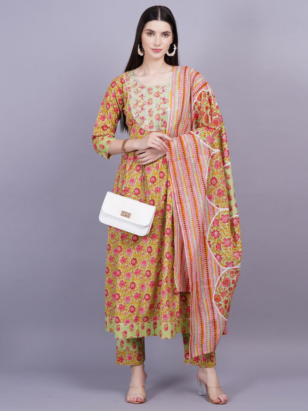 

HIGHLIGHT FASHION EXPORT Women Printed Pure Cotton Kurta with Trousers & With Dupatta, Yellow