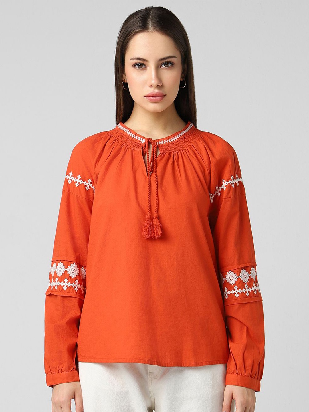 

Van Heusen Woman Embroidered Tie-Up Neck Top, Orange