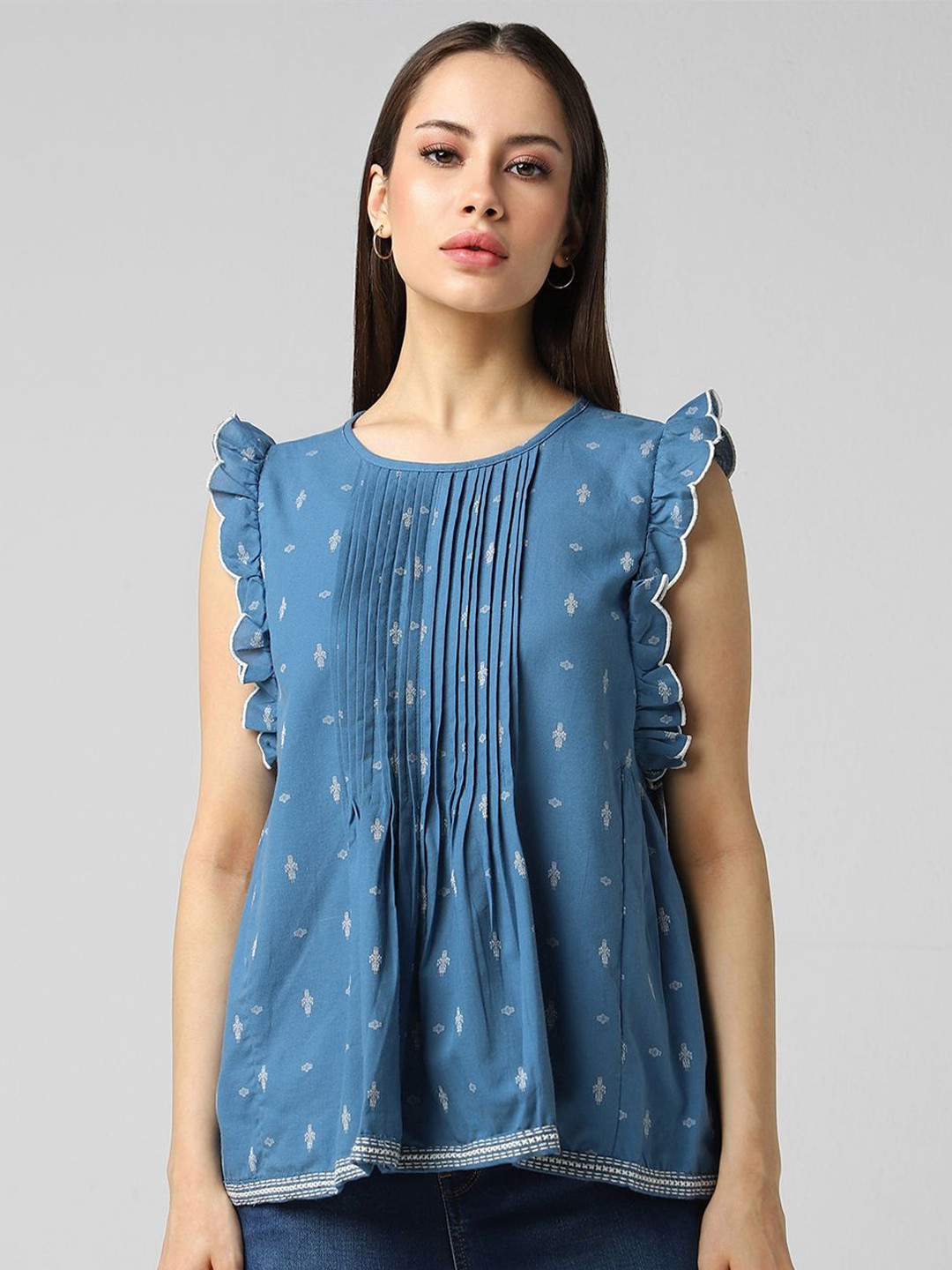

Van Heusen Woman Conversational Printed Round Neck Ruffles Cotton Top, Blue