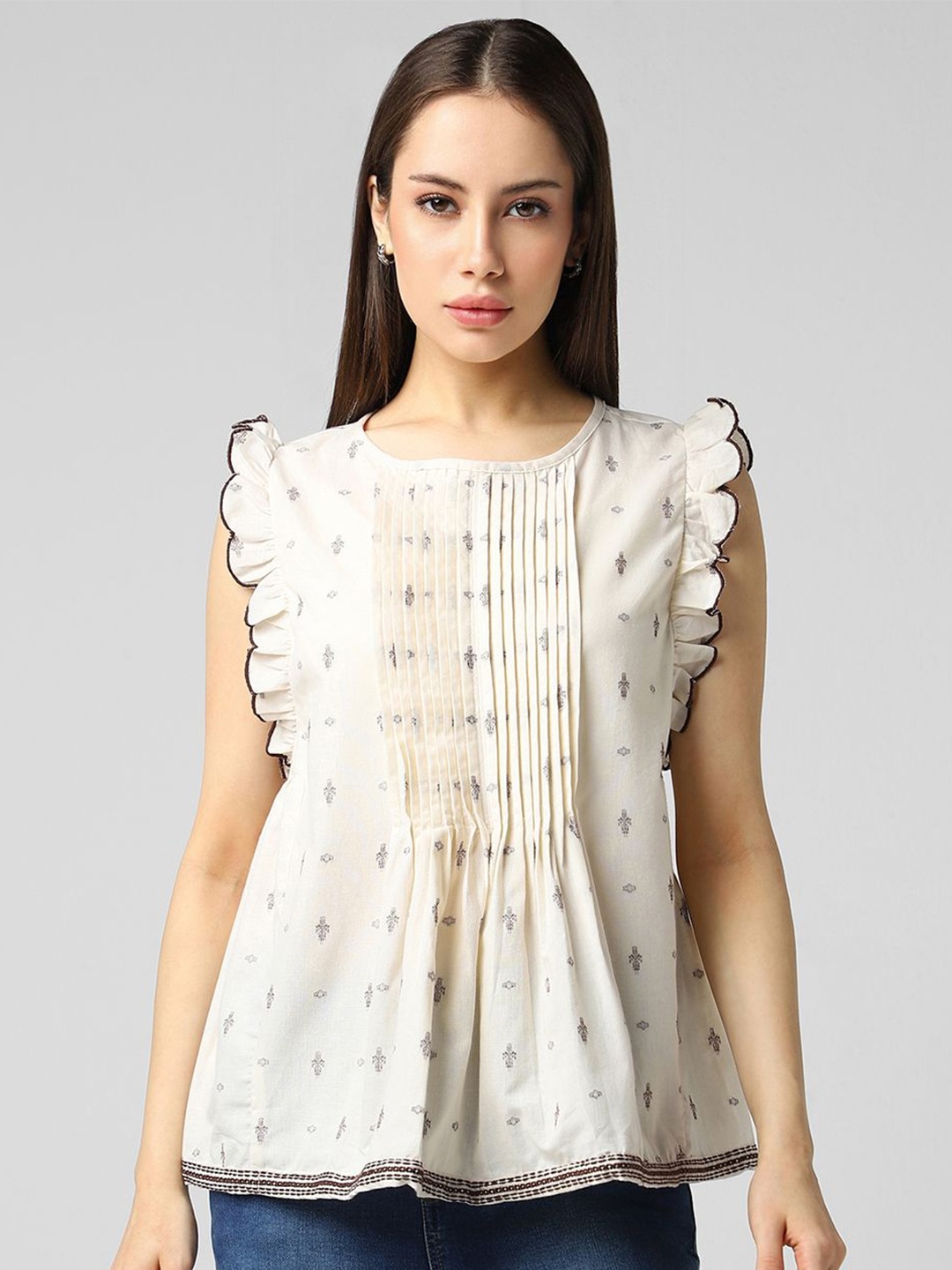 

Van Heusen Woman Conversational Printed Round Neck Ruffles Cotton Top, Cream