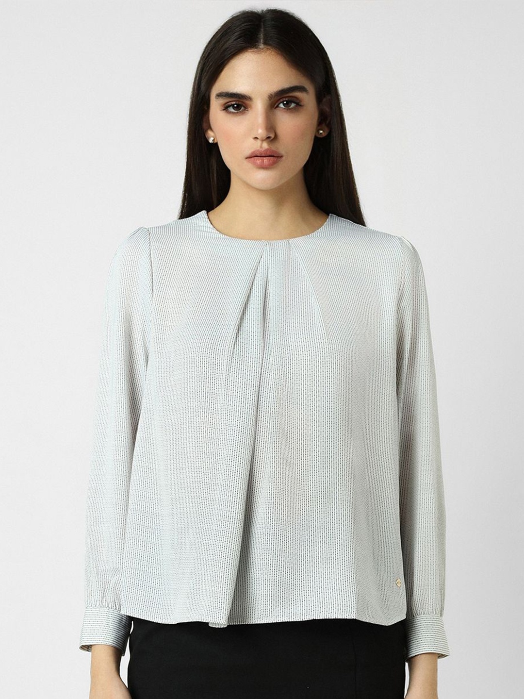 

Van Heusen Woman Striped Round Neck Pleated Top, White