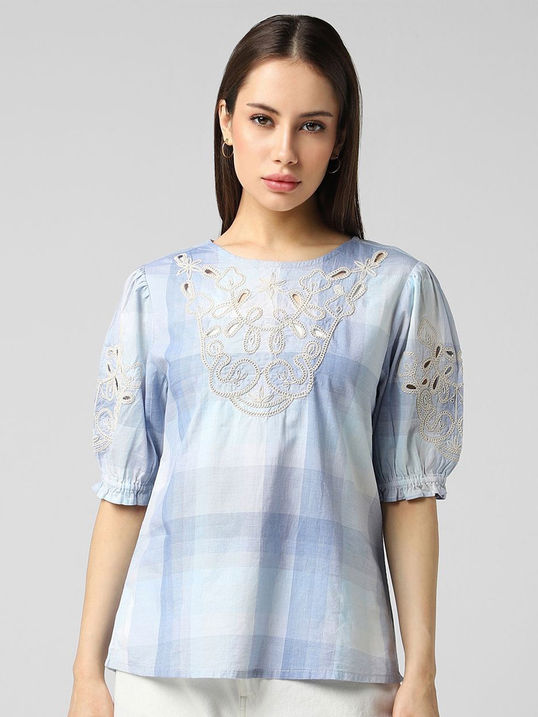 Van Heusen Woman Schiffli Round Neck Checked Cotton Top, Blue