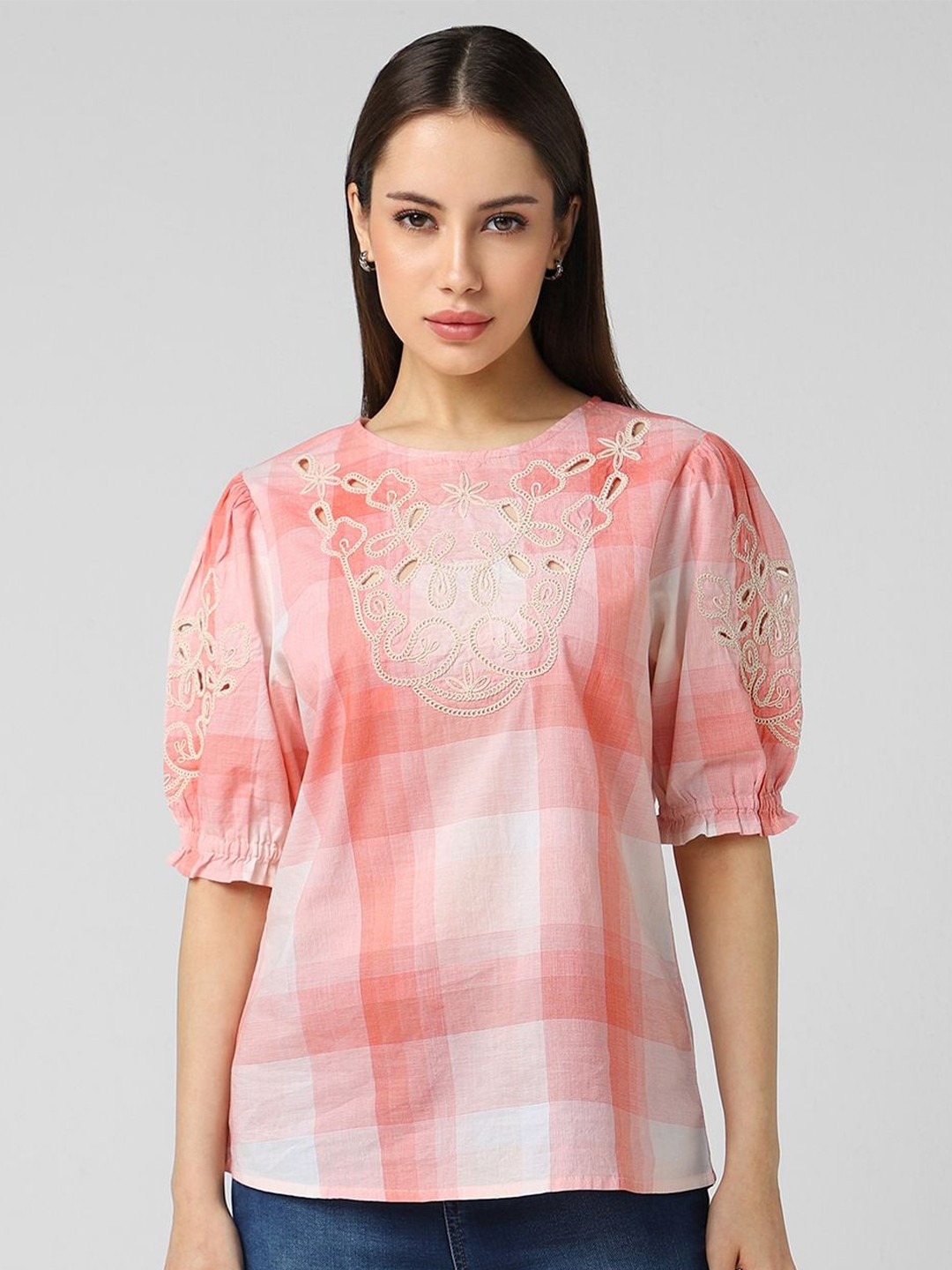 

Van Heusen Woman Schiffli Round Neck Checked Cotton Top, Peach