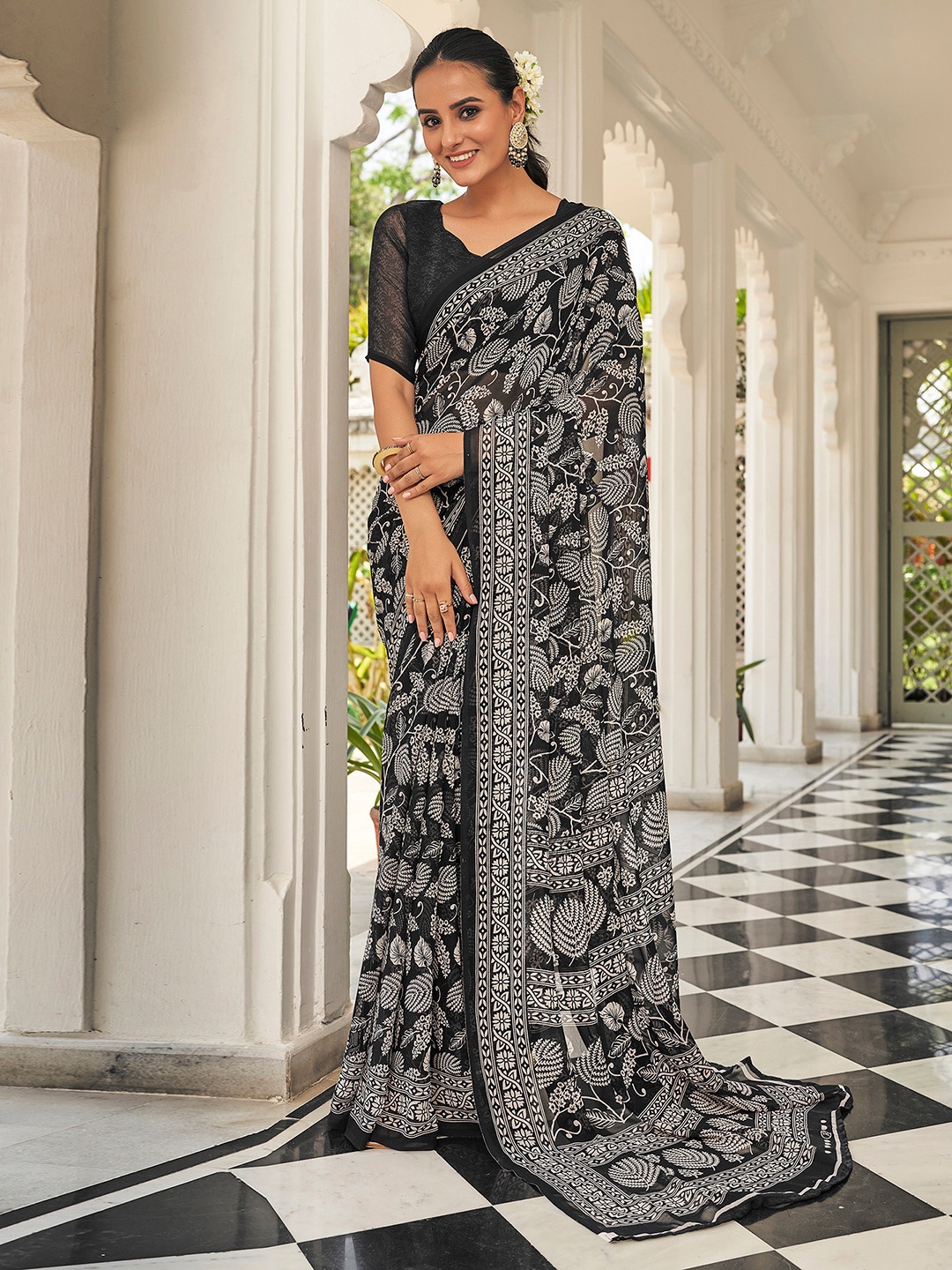 

KALINI Kalamkari Pure Georgette Saree, Black