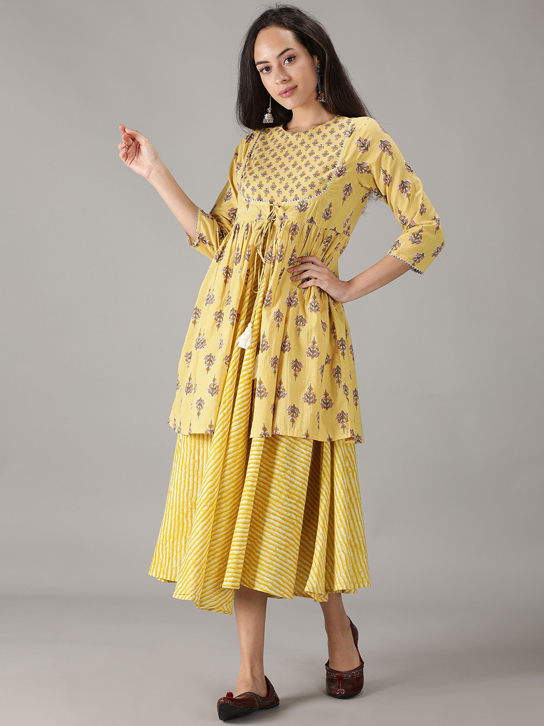 

HERE&NOW Printed Yellow Cotton Ethnic Women Dress