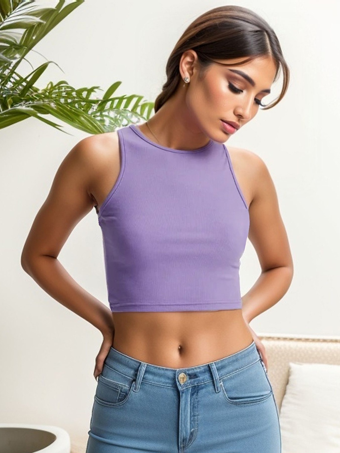 

LULU & SKY Solid Round Neck Crop Top, Purple