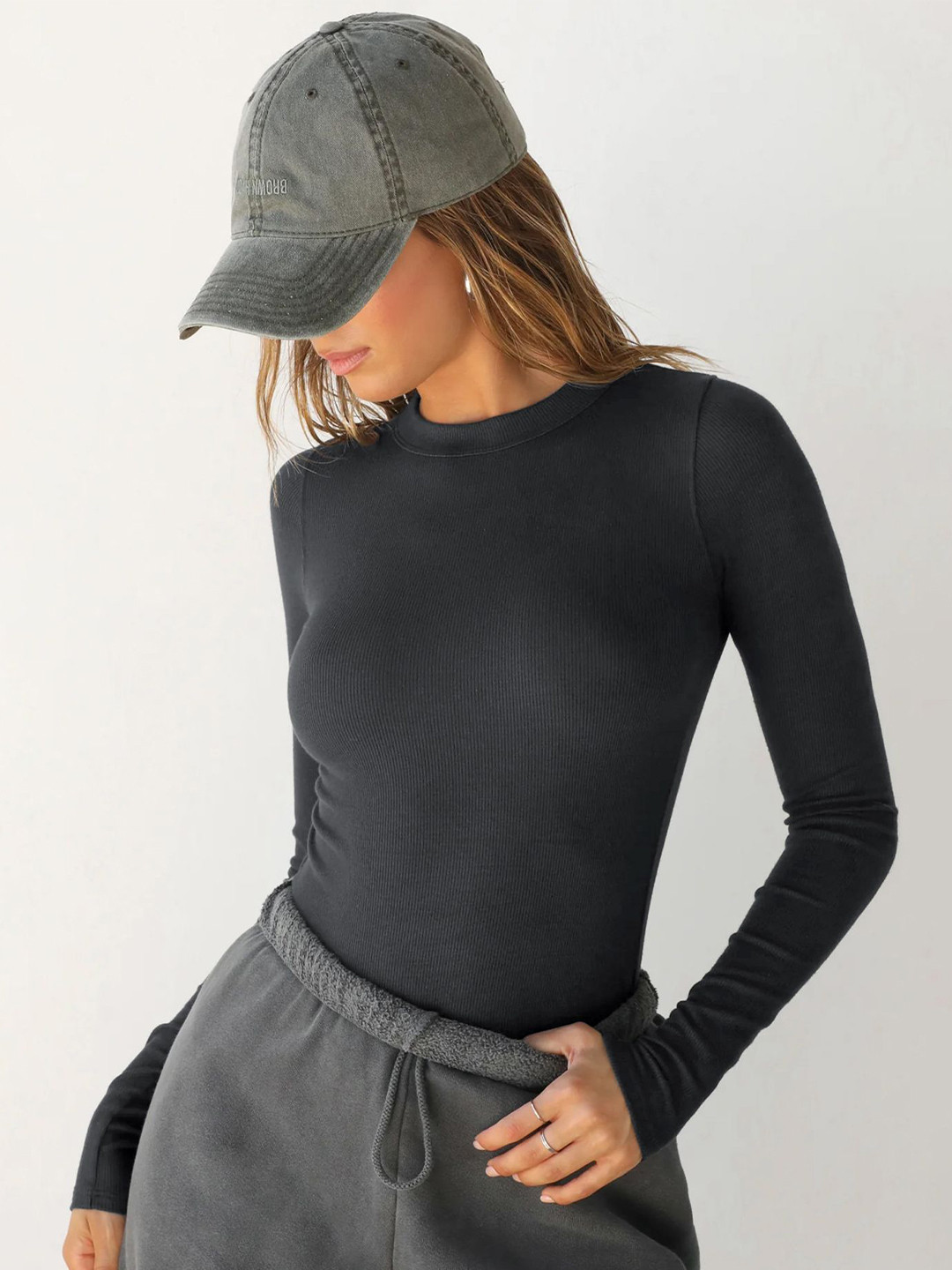 

LULU & SKY Self Design Solid Round Neck Fitted Top, Grey
