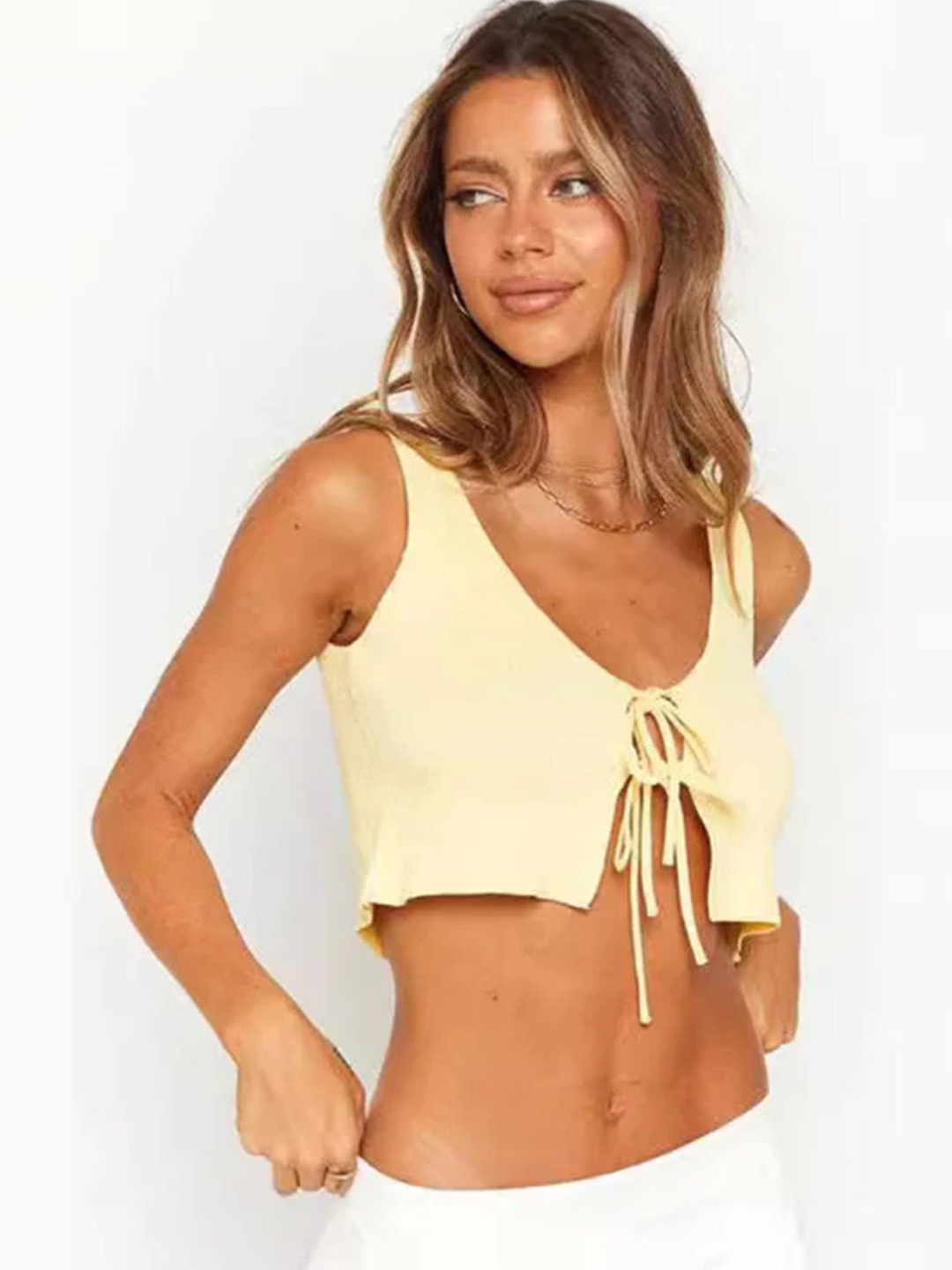 

LULU & SKY Tie-Up Neck Sleeveless Crop Top, Yellow