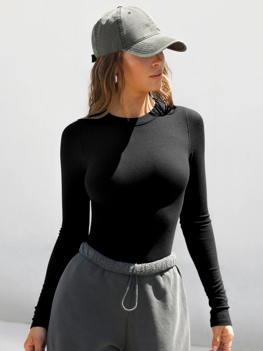 

LULU & SKY Self Design Round Neck Fitted Top, Black