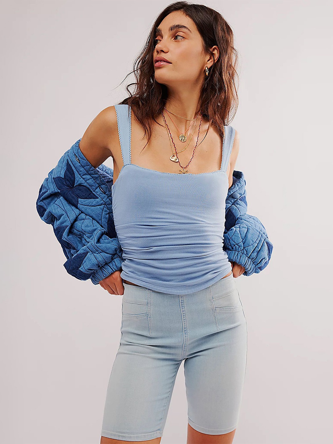 LULU & SKY Self Design Shoulder Straps Ruched Cotton Top, Blue