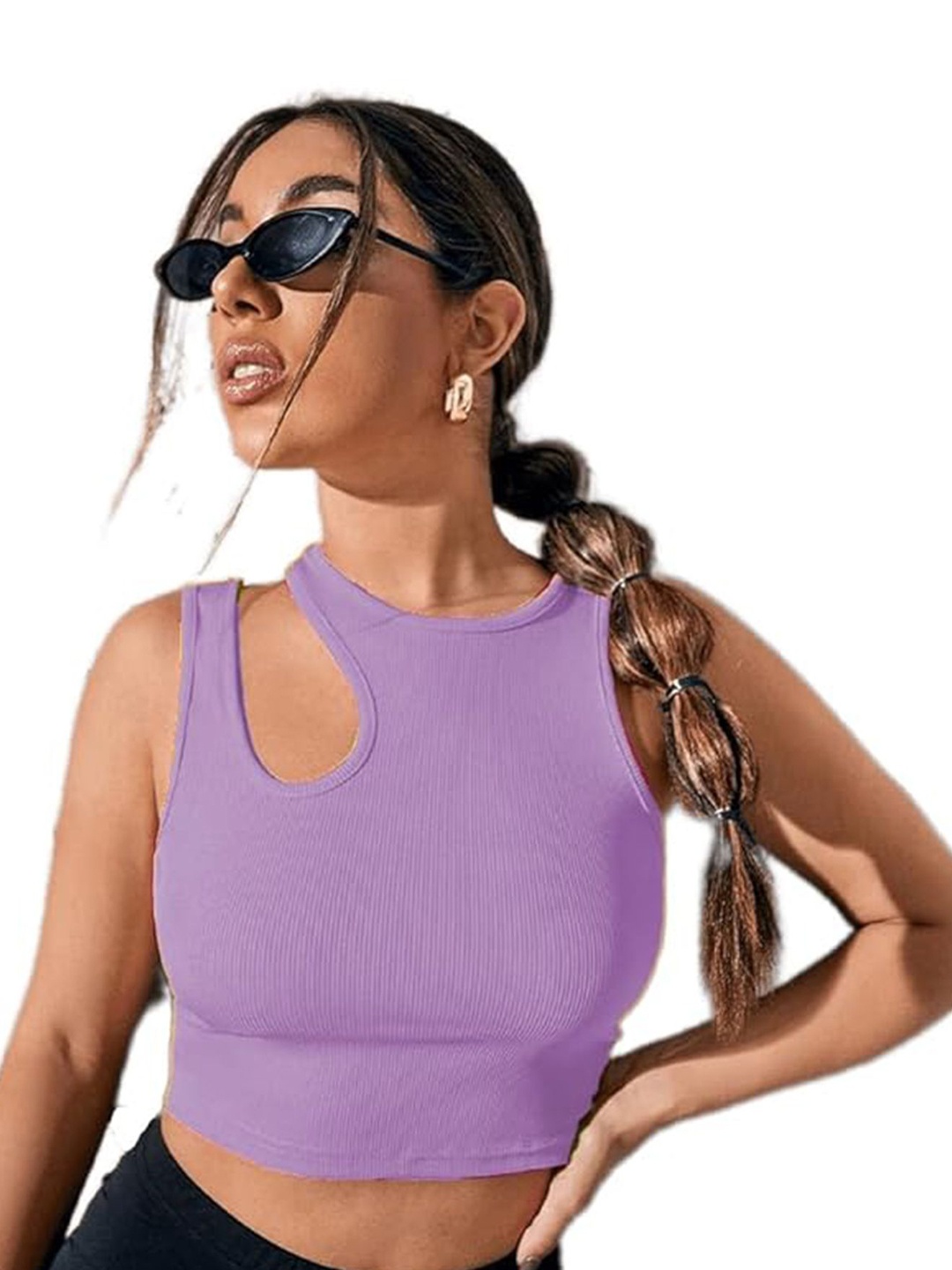 

LULU & SKY Solid Tank Cut Out Shoulder Straps Cotton Crop Top, Purple