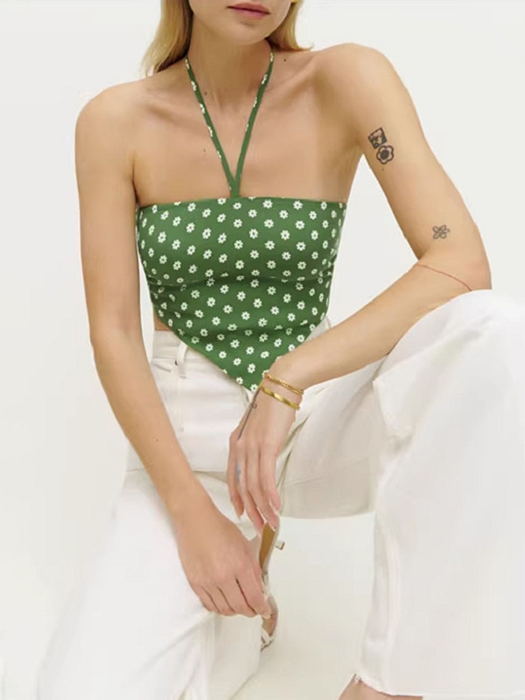 

LULU & SKY Polka Dots Printed Halter Neck Crop Top, Green
