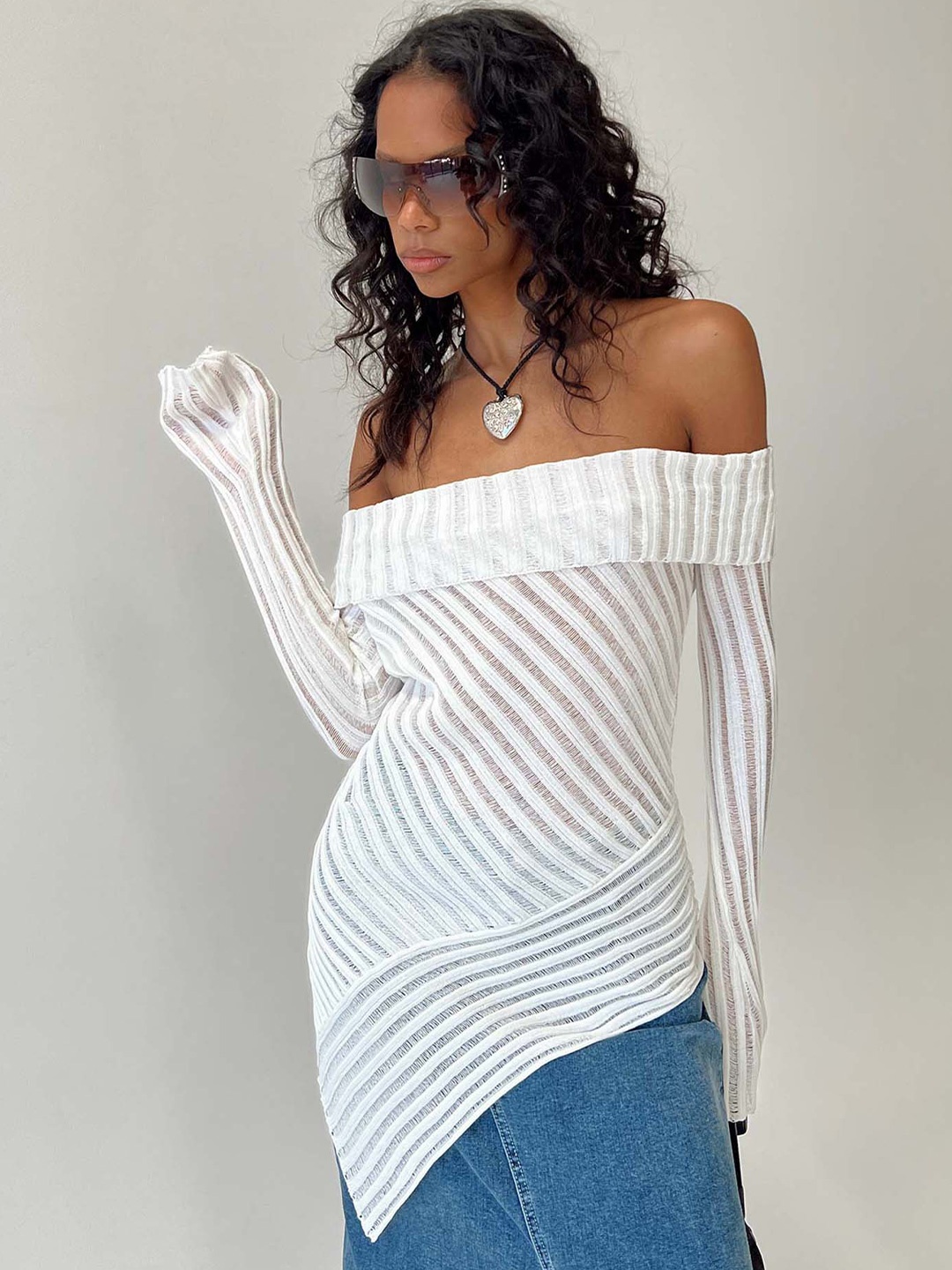 LULU & SKY Striped Off-Shoulder Fitted Top, White