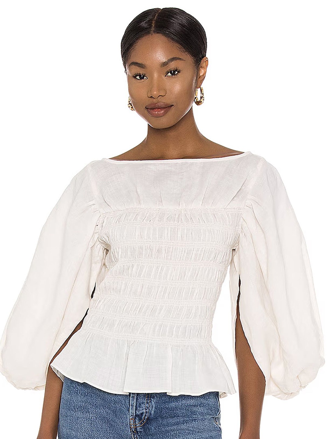 

LULU & SKY Solid Smocked Boat Neck Fitted Top, White