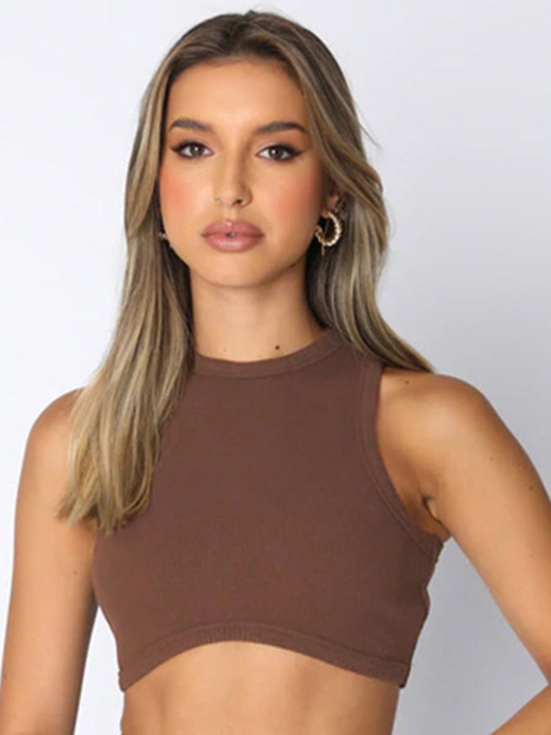 

LULU & SKY Solid Round Neck Sleeveless Cotton Fitted Crop Top, Brown