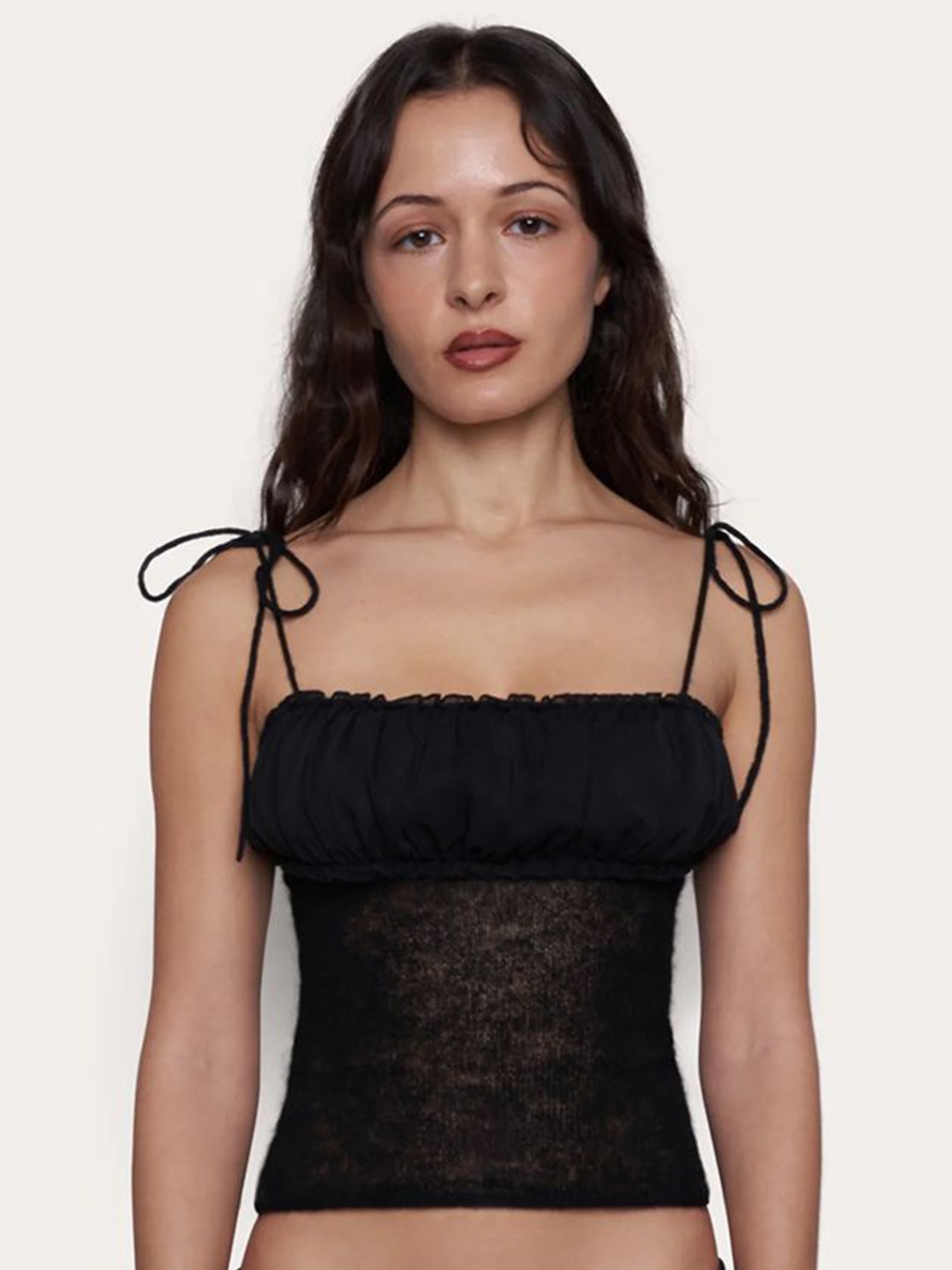 

LULU & SKY Gathered Tie-Up Sheer Solid Top, Black