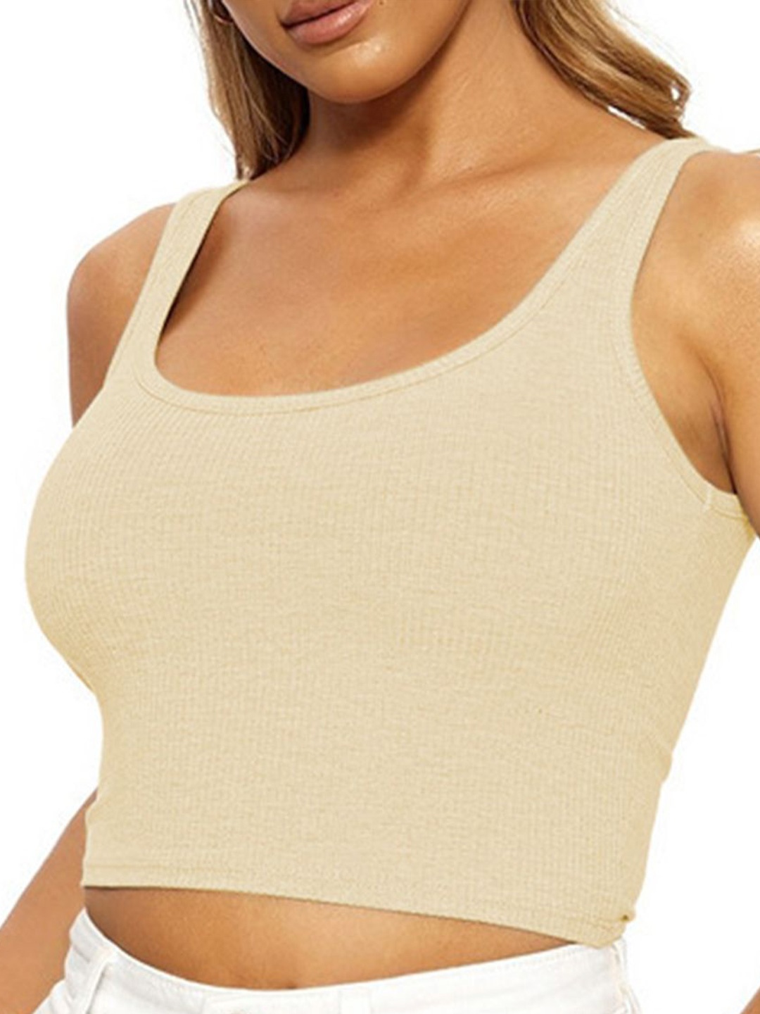 

LULU & SKY Self Design Scoop Neck Cotton Fitted Crop Top, Khaki