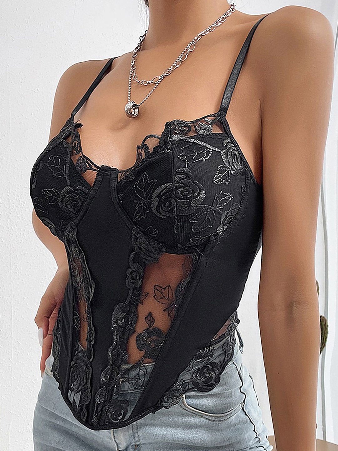 LULU & SKY Shoulder Straps Lace Inserts Corset Top, Black