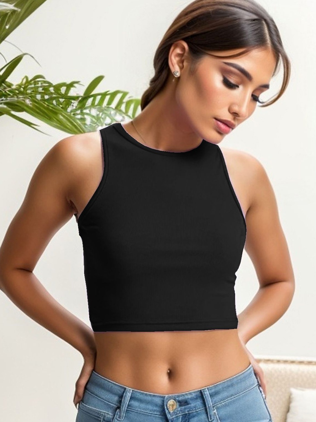 

LULU & SKY Self Design Fitted Sleeveless Crop Top, Black
