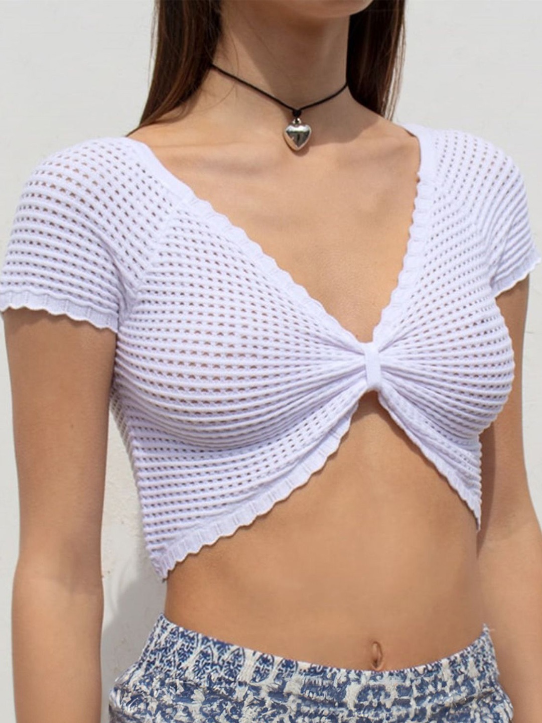 

LULU & SKY Self Design Striped Knits Bralette Crop Top, White