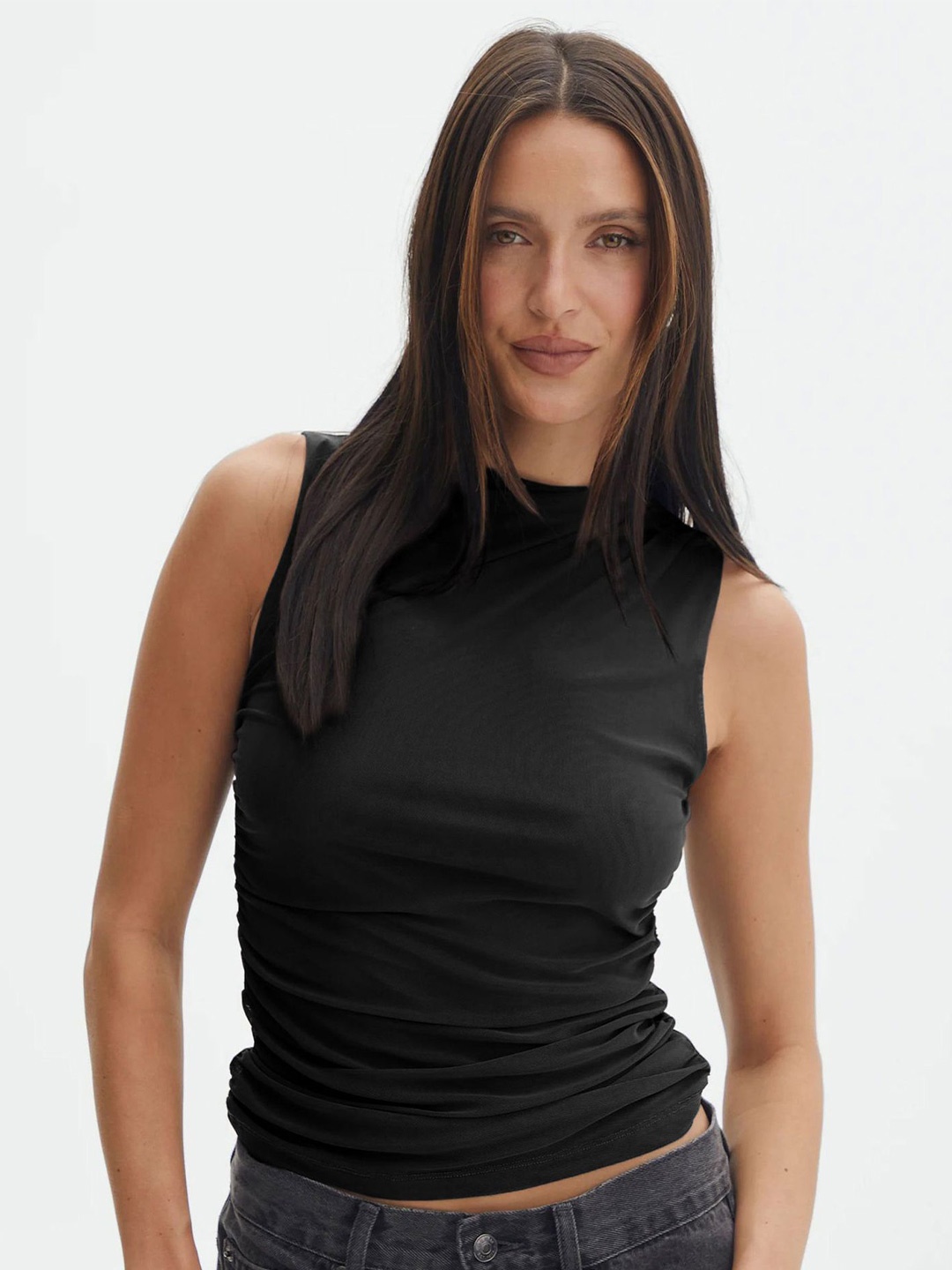 

LULU & SKY Solid Round Neck Ruched Fitted Crop Top, Black